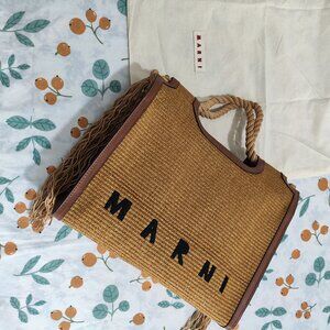 MARNI Woven Raffia Leather Trim Tote